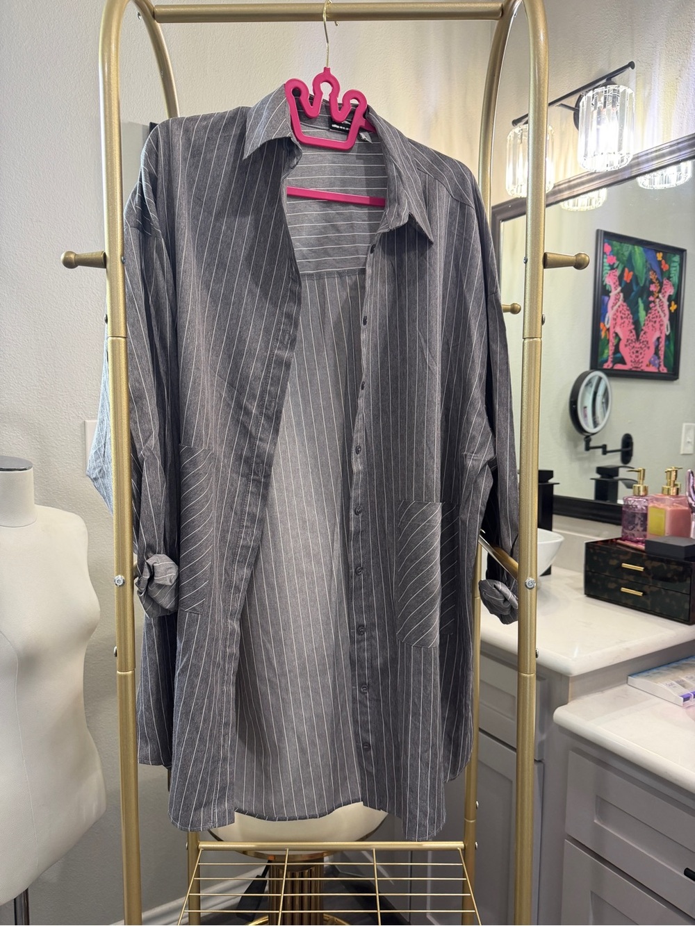 Women’s Gray Pinstripe Button-Up Shirt